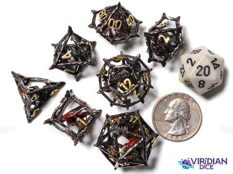 Caged Dragon (Green & Red) | Hollow Metal Dice Set (7)