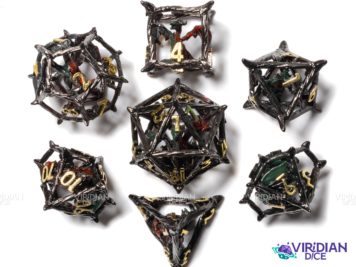 Caged Dragon (Green & Red) | Hollow Metal Dice Set (7)