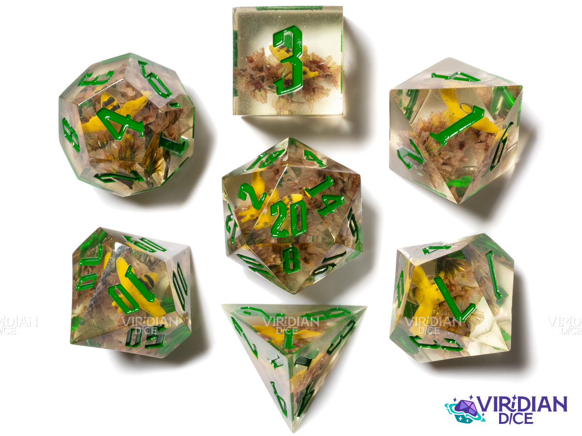 Sharp-Edged Honeybee & Flower (B-Grade) | Resin Polyhedral Dice (7)