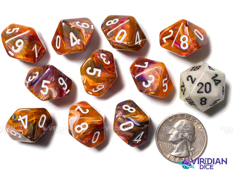 Festive Symphony (10) D10 Set | Brown, Orange, Pink, Blue Swirled, White Ink | Acrylic D10 Set (10) | Chessex