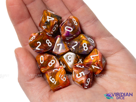 Festive Symphony (10) D10 Set | Brown, Orange, Pink, Blue Swirled, White Ink | Acrylic D10 Set (10) | Chessex