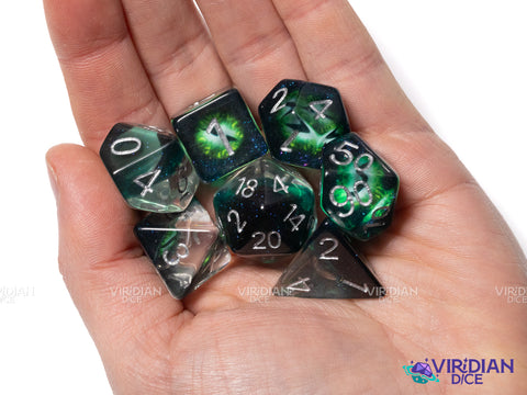Dragon's Eye | Green Demonic Eye, Green Translucent Base | Resin Dice Set (7)