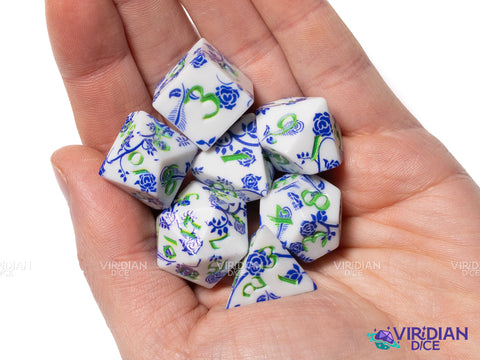 Full Art Dice Set: Porcelain | Delft & Dinnerware | Acrylic Polyhedral Dice (7)