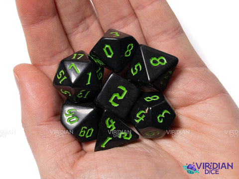 Gothic Black (Green Ink) | Acrylic Polyhedral Dice (7)