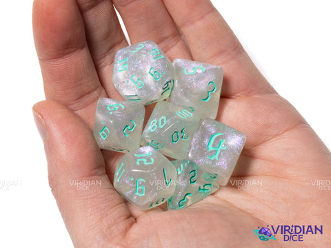 Glitter Gothic (Teal Ink) | Acrylic Polyhedral Dice (7)