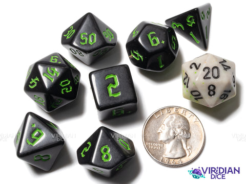 Gothic Black (Green Ink) | Acrylic Polyhedral Dice (7)