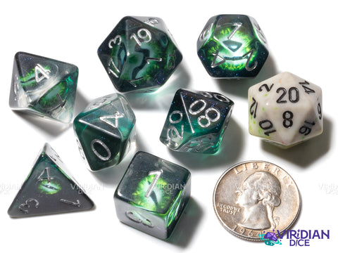 Dragon's Eye | Green Demonic Eye, Green Translucent Base | Resin Dice Set (7)