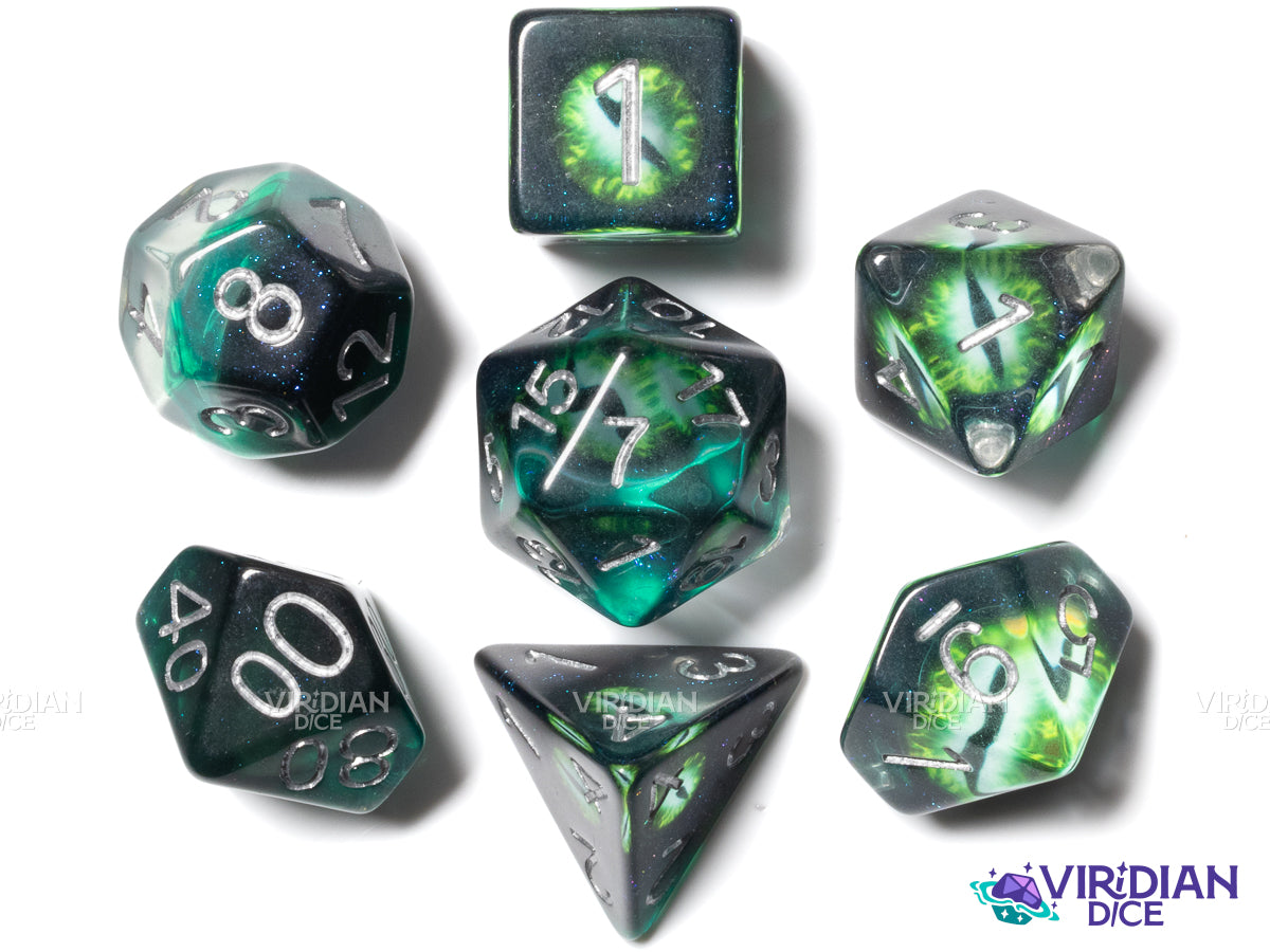 Dragon's Eye | Green Demonic Eye, Green Translucent Base | Resin Dice Set (7)