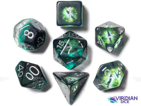 Dragon's Eye | Green Demonic Eye, Green Translucent Base | Resin Dice Set (7)
