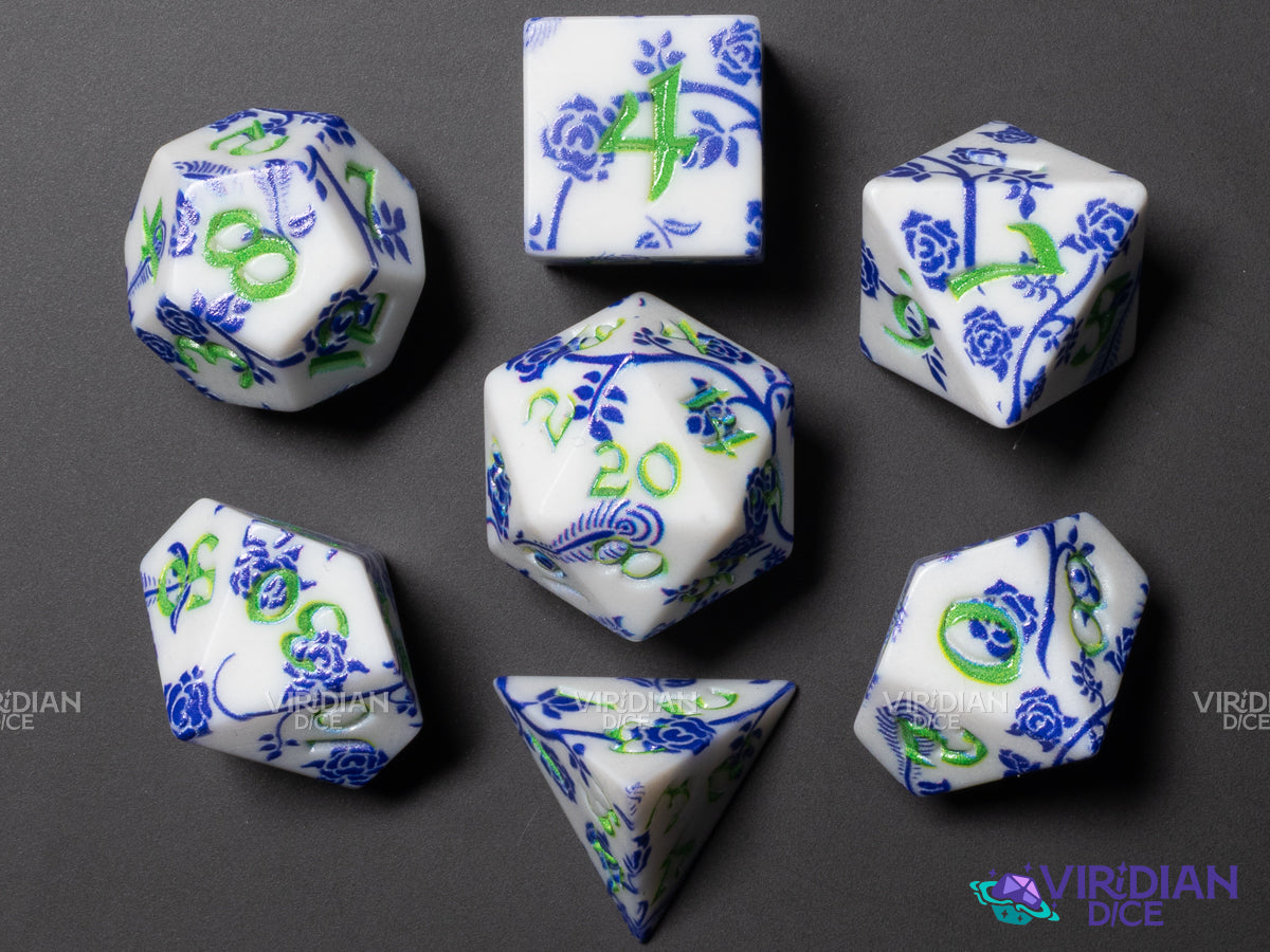 Full Art Dice Set: Porcelain | Delft & Dinnerware | Acrylic Polyhedral Dice (7)