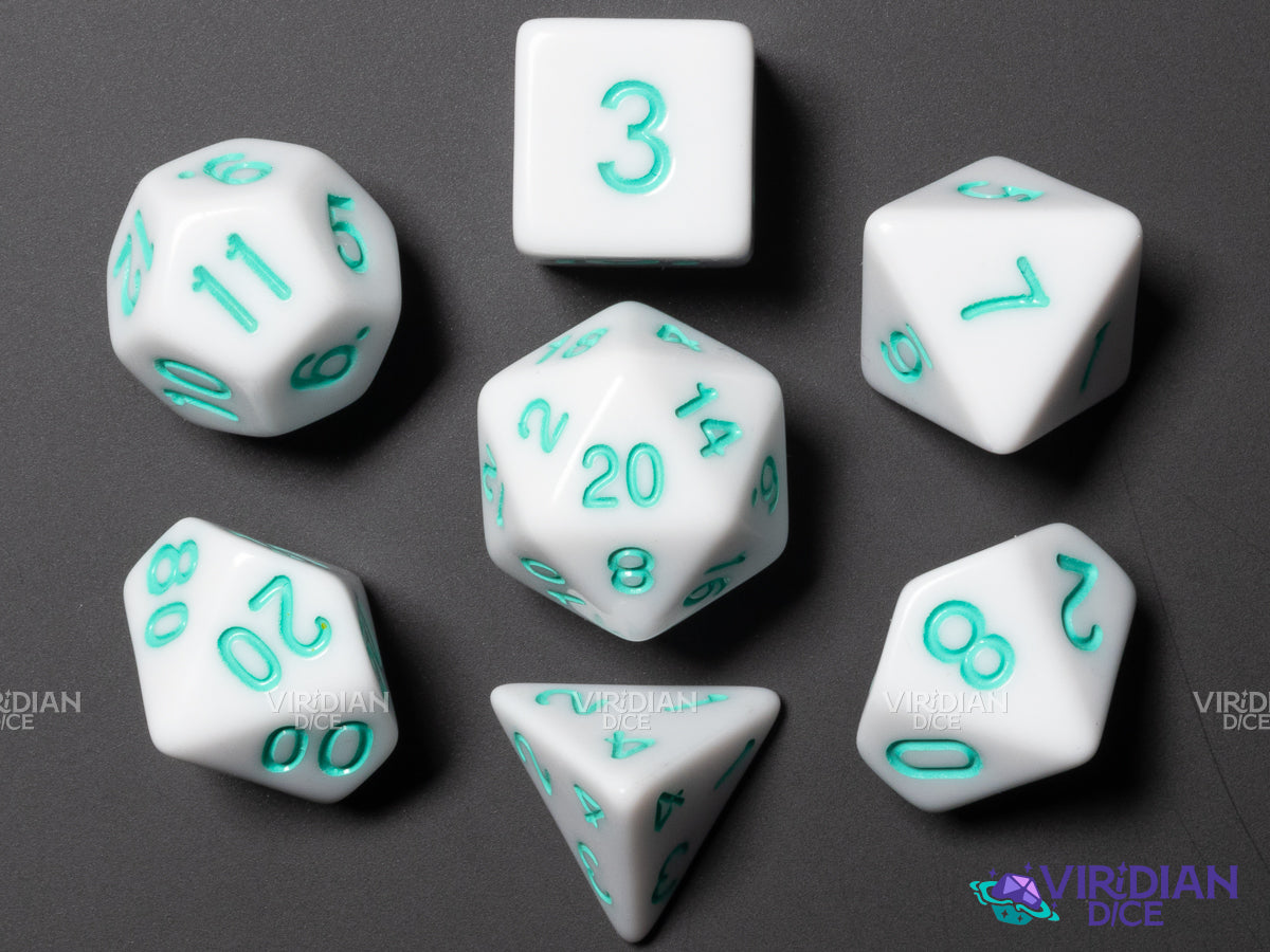 White & Teal V3 | Acrylic Dice Set (7) | Dungeons and Dragons TTRPG