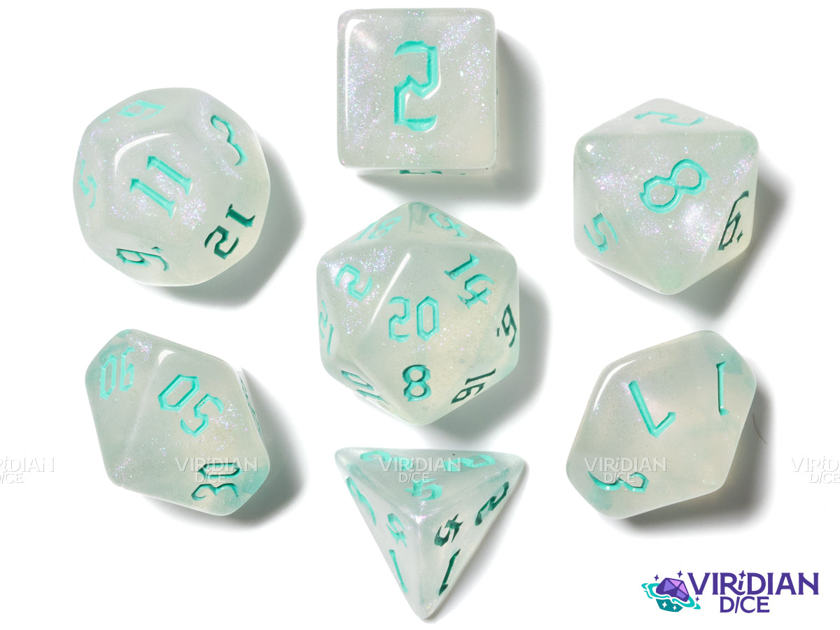 Glitter Gothic (Teal Ink) | Acrylic Polyhedral Dice (7)