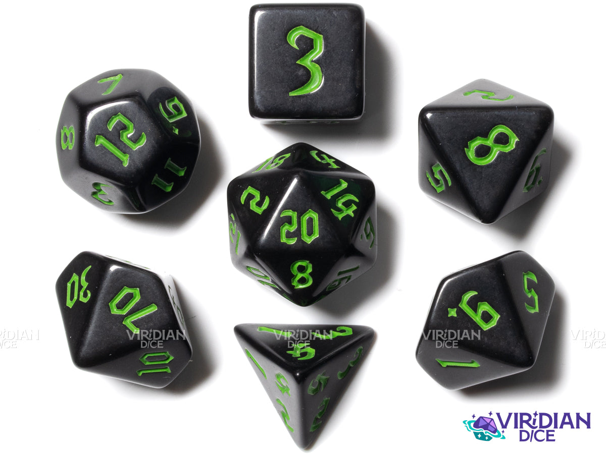 Gothic Black (Green Ink) | Acrylic Polyhedral Dice (7)