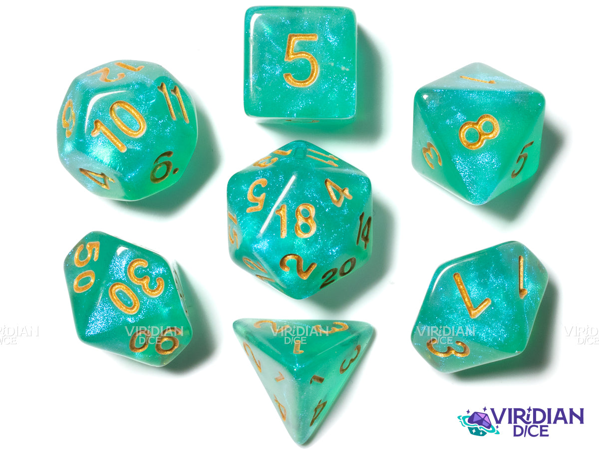Glowing Portal V2 | Cyan and Green Acrylic Dice Set (7) | Dungeons and Dragons (DnD)