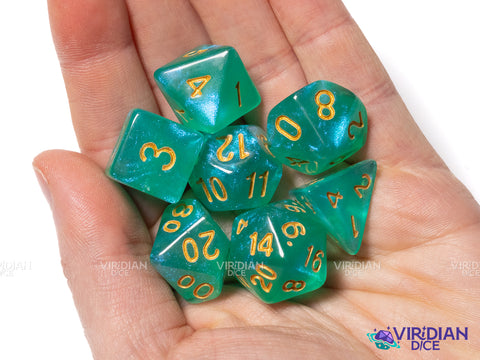 Glowing Portal V2 | Cyan and Green Acrylic Dice Set (7) | Dungeons and Dragons (DnD)