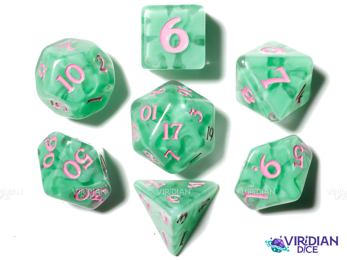 Rose Riot | Botanicals: Green & Pink | Resin Polyhedral Dice Set (7)