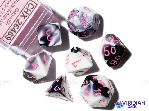 Gemini Black & White with Pink Polyhedral Set | Black & White Swirled, Pink Ink, Cow | Acrylic Polyhedral Set (7) | Chessex