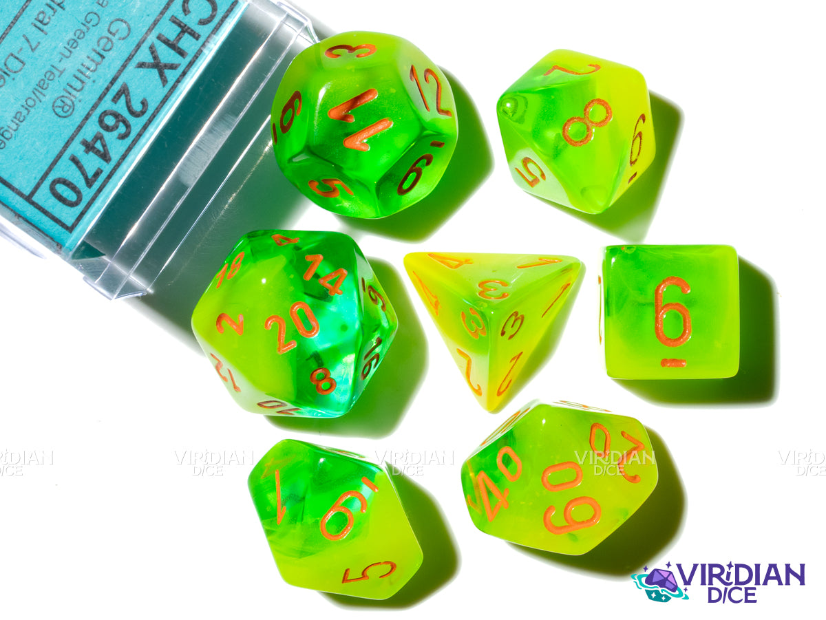 Gemini Plasma Green & Orange Polyhedral Set | Neon Translucent Green, Orange Ink | Acrylic Polyhedral Set (7) | Chessex