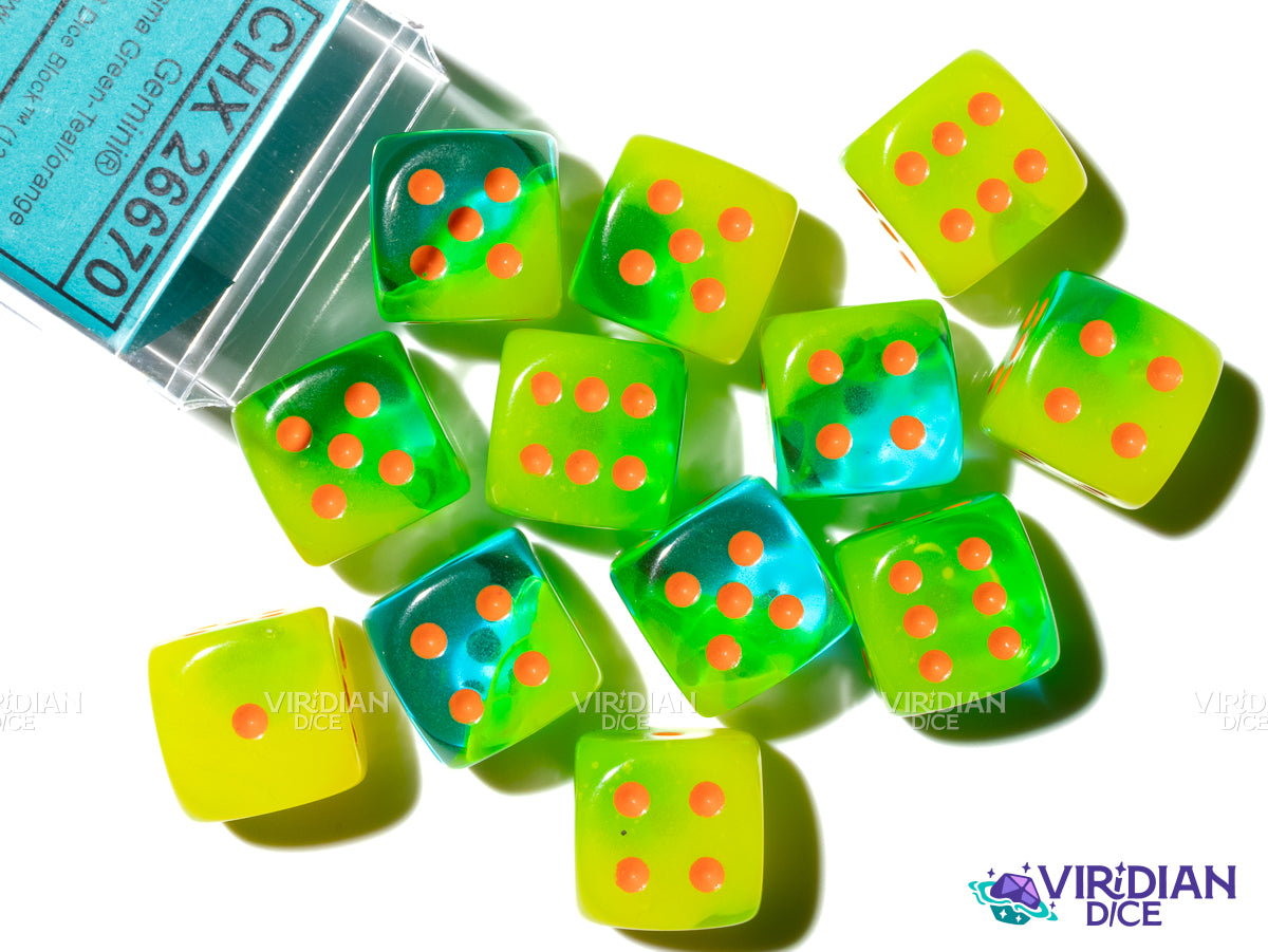Gemini Plasma Green & Orange (12) D6 Block Set | Translucent Neon Green, Orange Ink | Chessex