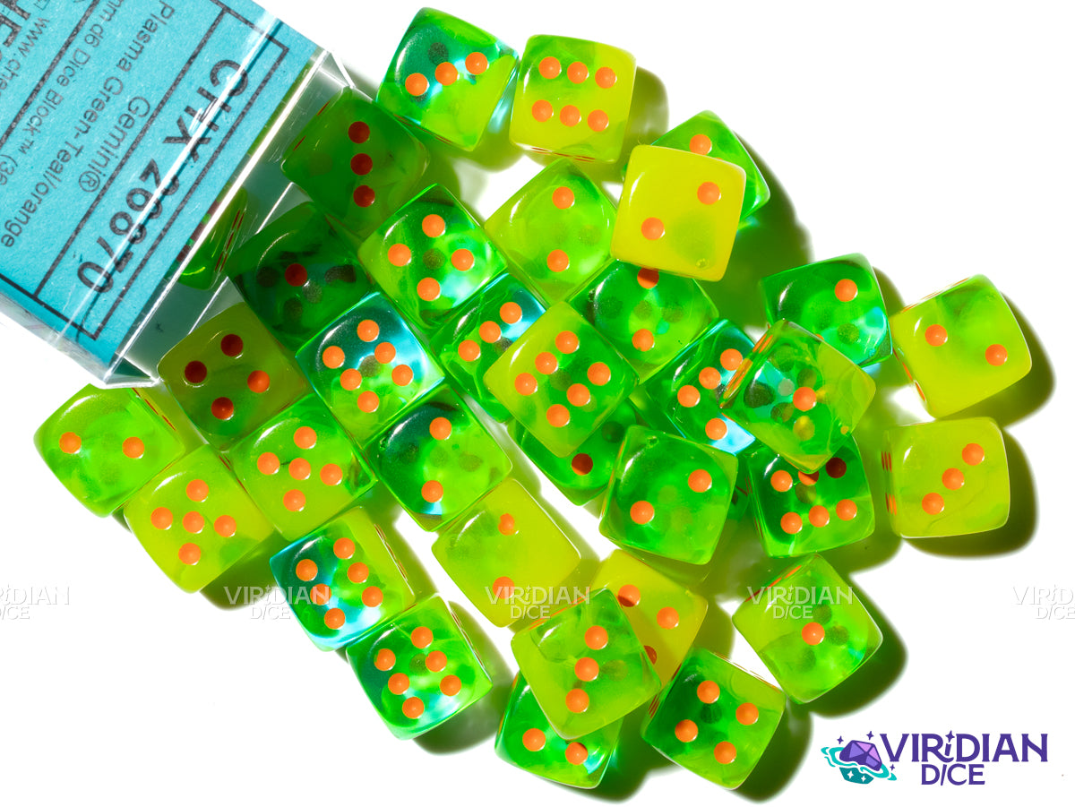 Gemini Plasma Green & Orange (36) 12mm D6 Block Set | Translucent Neon Green, Orange Ink | Chessex