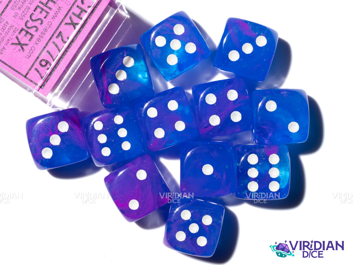 Nebula Aura Luminary (12) D6 Block Set | Translucent Blue, Purple, Pink Swirls, White Ink | Acrylic D6 Set (12) | Chessex