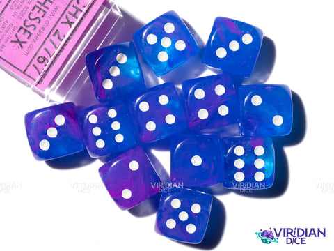Nebula Aura Luminary (12) D6 Block Set | Translucent Blue, Purple, Pink Swirls, White Ink | Acrylic D6 Set (12) | Chessex