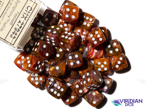 Festive Symphony (36) D6 Block Set | Brown, Orange, Pink, Blue Swirled, White Ink | Acrylic D6 Set (36) | Chessex