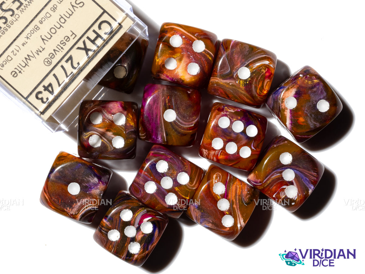 Festive Symphony (12) D6 Block Set | Brown, Orange, Pink, Blue Swirled, White Ink | Acrylic D6 Set (12) | Chessex