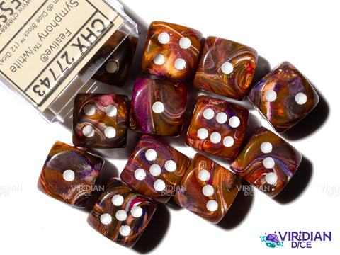 Festive Symphony (12) D6 Block Set | Brown, Orange, Pink, Blue Swirled, White Ink | Acrylic D6 Set (12) | Chessex