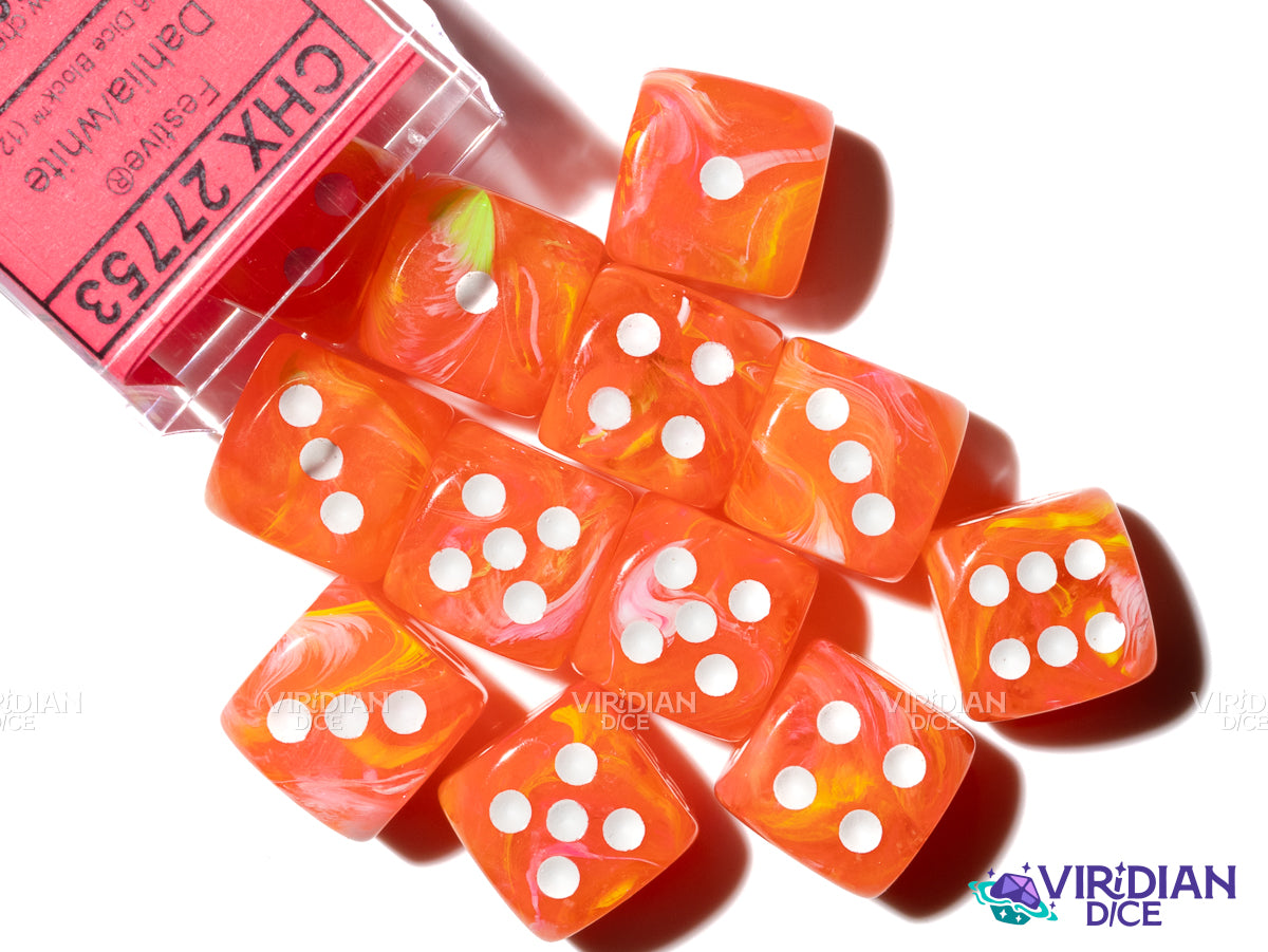 Festive Dahlia Luminary (12) D6 Block Set | Neon Orange-Pink, Yellow Swirls, White Ink | Acrylic D6 Set (12) | Chessex