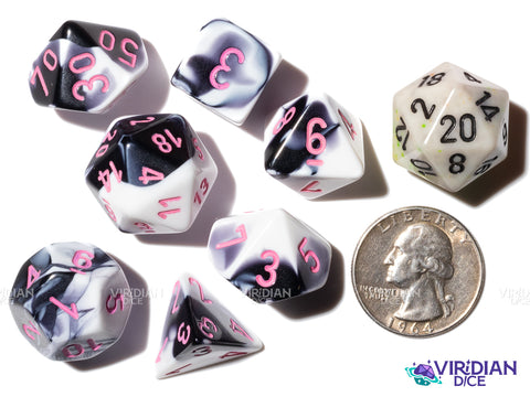 Gemini Black & White with Pink Polyhedral Set | Black & White Swirled, Pink Ink, Cow | Acrylic Polyhedral Set (7) | Chessex