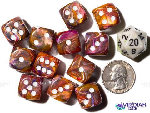 Festive Symphony (12) D6 Block Set | Brown, Orange, Pink, Blue Swirled, White Ink | Acrylic D6 Set (12) | Chessex