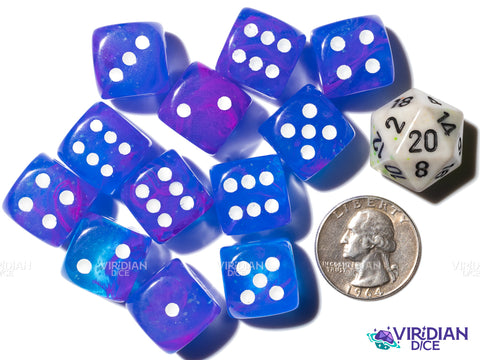 Nebula Aura Luminary (12) D6 Block Set | Translucent Blue, Purple, Pink Swirls, White Ink | Acrylic D6 Set (12) | Chessex