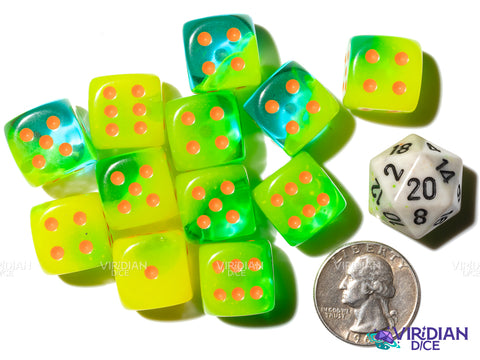 Gemini Plasma Green & Orange (12) D6 Block Set | Translucent Neon Green, Orange Ink | Chessex