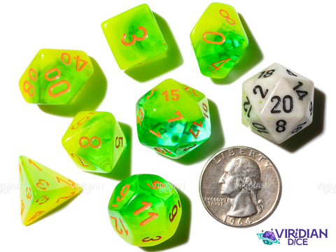 Gemini Plasma Green & Orange Polyhedral Set | Neon Translucent Green, Orange Ink | Acrylic Polyhedral Set (7) | Chessex