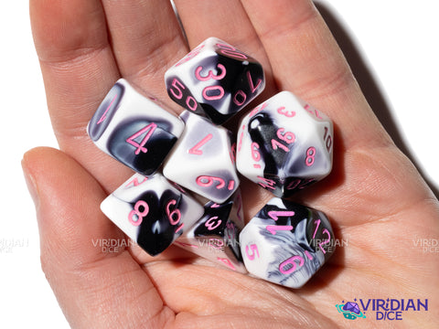 Gemini Black & White with Pink Polyhedral Set | Black & White Swirled, Pink Ink, Cow | Acrylic Polyhedral Set (7) | Chessex