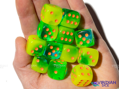 Gemini Plasma Green & Orange (12) D6 Block Set | Translucent Neon Green, Orange Ink | Chessex