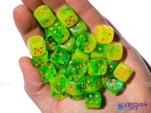 Gemini Plasma Green & Orange (36) 12mm D6 Block Set | Translucent Neon Green, Orange Ink | Chessex