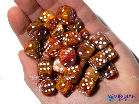 Festive Symphony (36) D6 Block Set | Brown, Orange, Pink, Blue Swirled, White Ink | Acrylic D6 Set (36) | Chessex