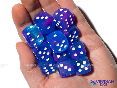 Nebula Aura Luminary (12) D6 Block Set | Translucent Blue, Purple, Pink Swirls, White Ink | Acrylic D6 Set (12) | Chessex