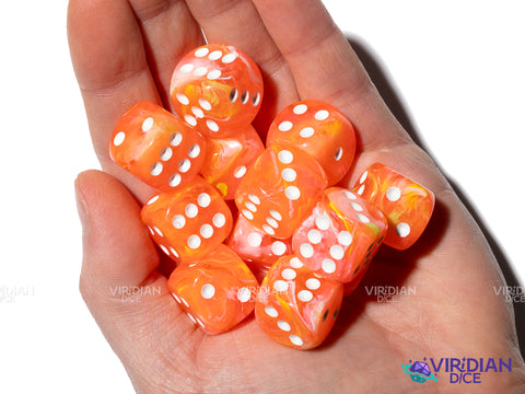 Festive Dahlia Luminary (12) D6 Block Set | Neon Orange-Pink, Yellow Swirls, White Ink | Acrylic D6 Set (12) | Chessex
