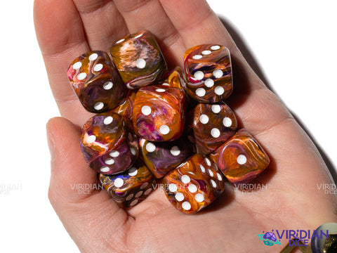 Festive Symphony (12) D6 Block Set | Brown, Orange, Pink, Blue Swirled, White Ink | Acrylic D6 Set (12) | Chessex