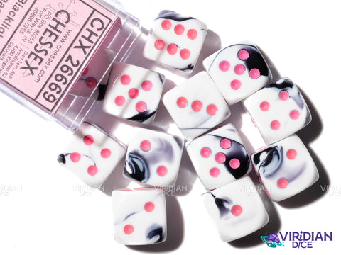 Gemini Black & White with Pink (12) D6 Block Set | Black & White Swirled, Pink Ink, Cow | Acrylic D6 Set (12) | Chessex