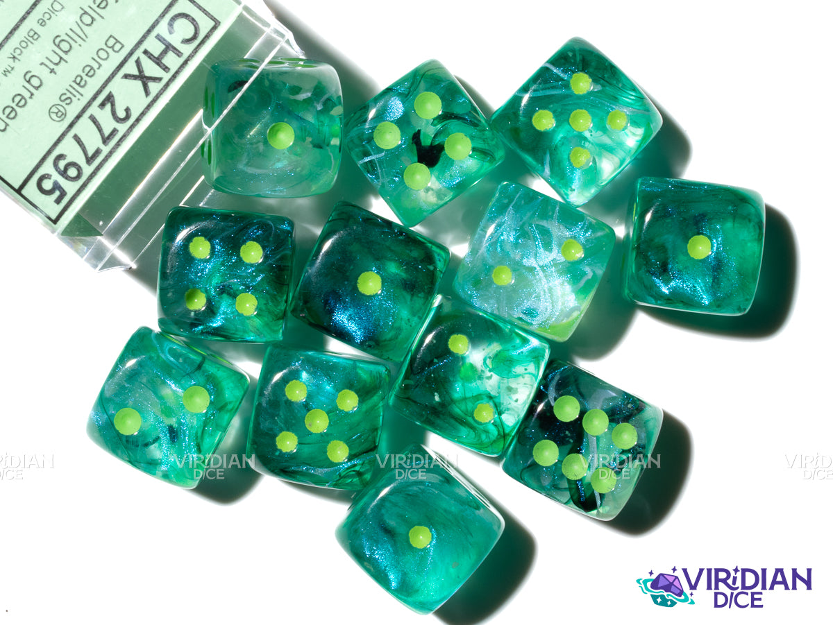 Borealis Kelp Luminary (12) D6 Block Set | Translucent Dark Green-Teal, Clear Swirls, Green Ink | Acrylic D6 Set (12) | Chessex