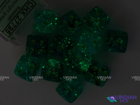 Borealis Kelp Luminary (12) D6 Block Set | Translucent Dark Green-Teal, Clear Swirls, Green Ink | Acrylic D6 Set (12) | Chessex