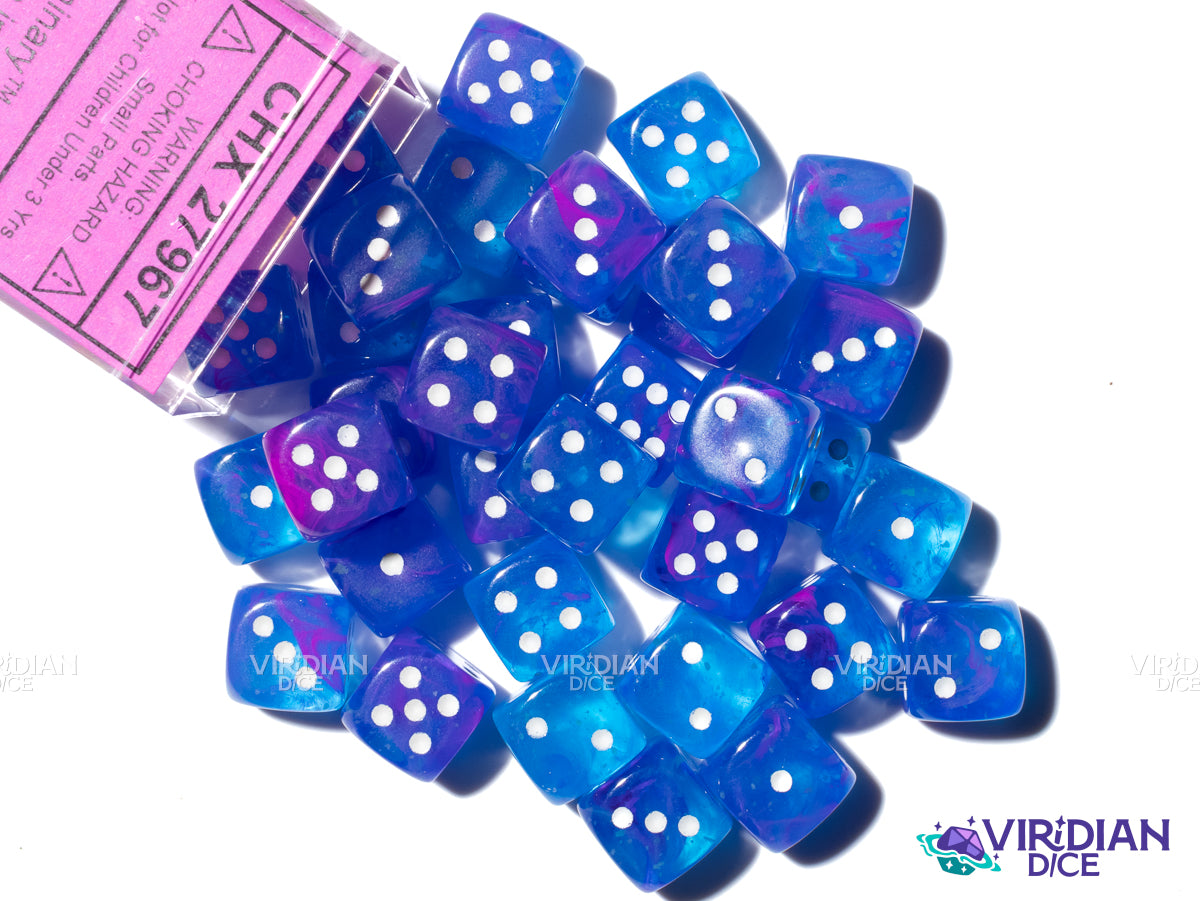 Nebula Aura Luminary (36) D6 Block Set | Translucent Blue, Purple, Pink Swirls, White Ink | Acrylic D6 Set (36) | Chessex