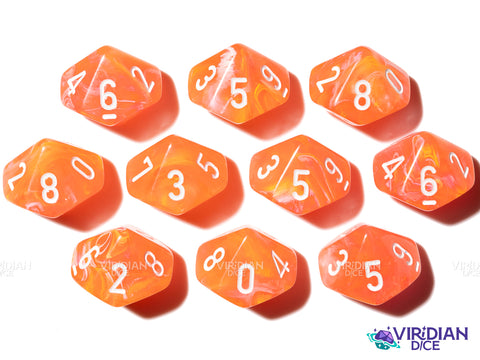 Festive Dahlia Luminary (10) D10 Set | Neon Orange-Pink, Yellow Swirls, White Ink | Acrylic D10 Set (10) | Chessex