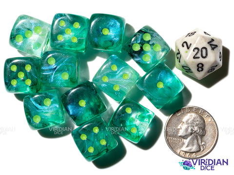 Borealis Kelp Luminary (12) D6 Block Set | Translucent Dark Green-Teal, Clear Swirls, Green Ink | Acrylic D6 Set (12) | Chessex