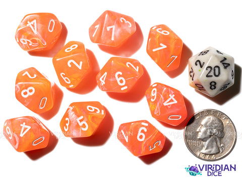 Festive Dahlia Luminary (10) D10 Set | Neon Orange-Pink, Yellow Swirls, White Ink | Acrylic D10 Set (10) | Chessex