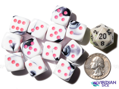 Gemini Black & White with Pink (12) D6 Block Set | Black & White Swirled, Pink Ink, Cow | Acrylic D6 Set (12) | Chessex